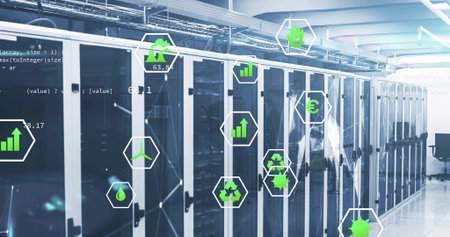 Server cabinets projecting green sustainability icons in data center, with visible Ethernet cables....