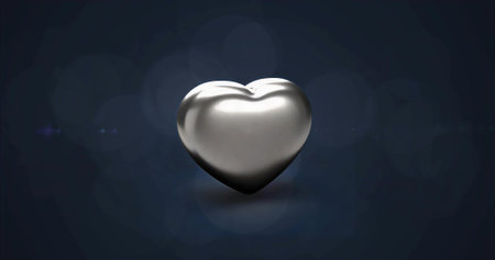 Floating metallic silver heart drifting in abstract digital environment, with bokeh light effects. Futuristic, elegance, minimalism, luxury, technology, serenity, reflectionの写真素材