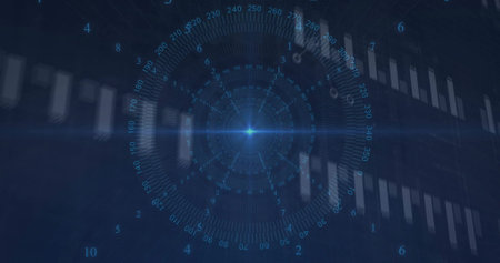 Displaying circular HUD interface on blue display with rings, degree markings, glowing center....