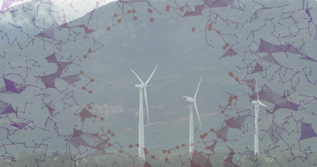 Towering white wind turbines standing on hilly slope, with purple and rust digital network overlay....