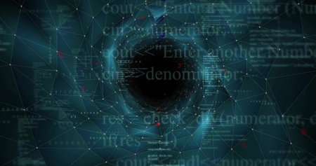 Central vortex void pulsing in network mesh in cyberspace, with floating code text, red nodes....