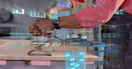 African American craftsman smoothing plank at workshop. Artisan, craftsmanship, innovation, industrial, productivity, digital, modernの写真素材