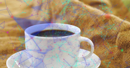 Featuring white ceramic cup filled with black coffee on burlap in rustic cafe, with network overlay. Minimalist, cozy, technological, textured, artisanal, modern, comfortingの写真素材