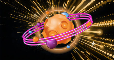 Floating orange sphere with pink rings and orbiting orbs in space radiating golden dotted particles. Cosmic, futuristic, vibrant, abstract, energy, nebula, planetaryの写真素材