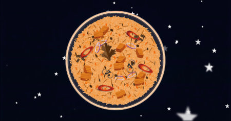 Floating dish showcasing seasoned rice with protein cubes, pepper rings against starry backdrop. Gourmet, celestial, vibrant, decorative, culinary, abstract, artisticの写真素材
