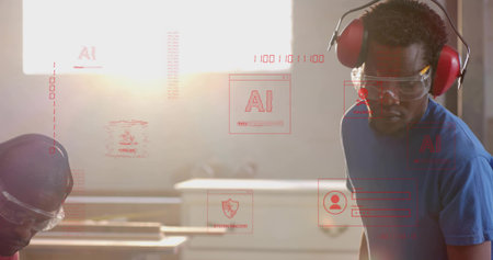Working woodworker wearing glasses and earmuffs cutting wood at workshop, AI overlays, copy space....