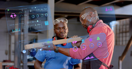 Inspecting tradesman wearing goggles holding wooden plank at workshop, with holographic overlays....