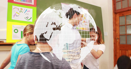 Pointing teacher wearing white button-up shirt guiding students at school, with colorful charts. Education, classroom, teaching, pupils, learning, instructional, schoolの写真素材