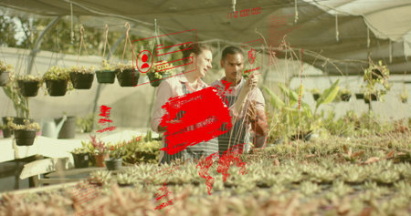 Two horticulturists wearing aprons inspecting succulent pots in greenhouse, with hanging planters. Gardening, botany, cultivation, eco-friendly, vibrant, agriculture, natureの写真素材