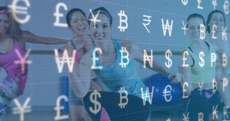 Performing lateral leg lifts, five women in tank tops at ballet barre. Fitness, wellness, dance, strength, motivation, digital, modernの写真素材