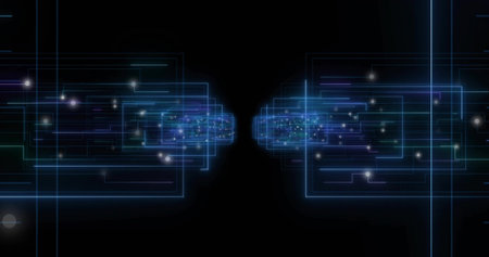 Forming mirrored neon-blue rectangular frames in deep black void, showing glowing particle clusters....