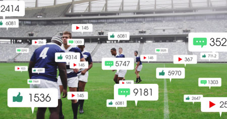 Standing rugby players wearing jerseys and shorts on stadium pitch with floating social media icons. Athletes, teamwork, camaraderie, competition, training, outdoor, vibrantの写真素材