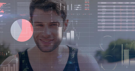 Standing athlete wearing black green tank top on park path, with stock data charts overlaying....