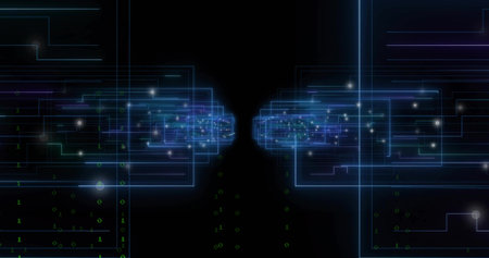 Forming mirrored glowing frames converging toward center in data tunnel, with falling binary digits....
