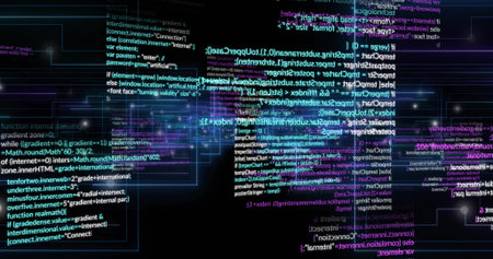 Floating clusters of translucent code panels streaming through digital void, with neon trails....