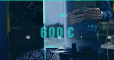 Office worker holding device and checking digital currency HUD in office, with patterned chair. Technology, finance, digital, innovation, productivity, modern, businessの写真素材