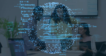 Three professionals pointing at laptop and taking notes in conference room with code overlay screen. Collaboration, teamwork, innovation, digital, business, modern, brainstormingの写真素材