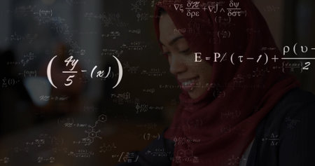 Studying woman wearing red headscarf solving equations at library desk, with floating formulas....