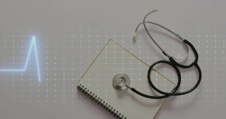 Featuring stethoscope resting on spiral notebook at desk, with cyan heartbeat and dot grid overlays. Medical, healthcare, diagnostics, technology, innovation, clinical, scientificの写真素材