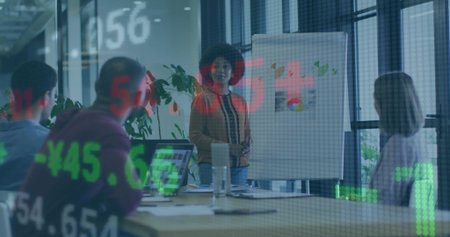 Presenting woman leading discussion in conference room, with flip chart and floating stock overlays....