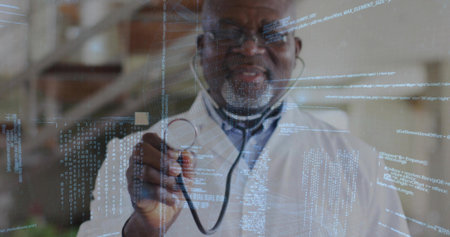 Holding stethoscope doctor wearing lab coat pointing toward viewer in clinic, with code overlay. Medical, healthcare, professional, clinical, technology, diagnostic, thoroughの写真素材