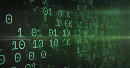 Glowing oversized green binary digits floating in virtual network space, with horizontal beam....