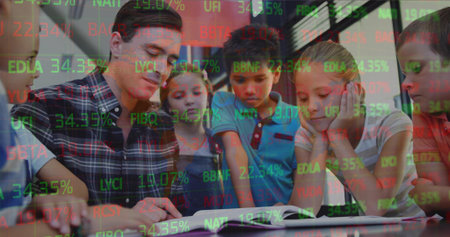 Guiding tutor in plaid shirt reading book with five children at library table. Mentorship,...