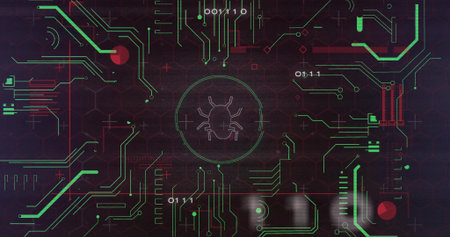 Displaying bug icon in circle on dashboard, showing binary digits neon-green and red circuit traces....