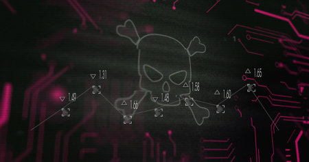 Displaying white outline skull and crossbones in hacker UI showing data nodes with magenta traces....