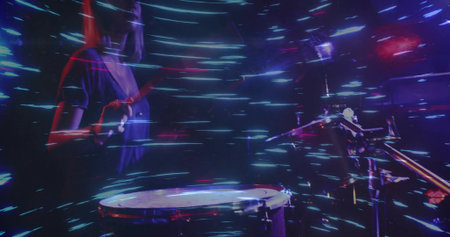 Playing percussionist striking snare drum with drumstick on concert stage, light trails, copy space. Performance, music, stage, lighting, rhythm, entertainment, artistの写真素材