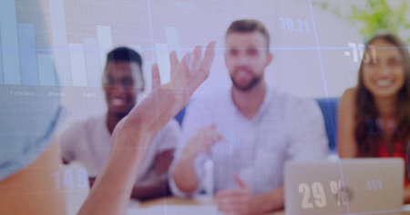 Discussing three professionals collaborating in conference room, with laptop and data overlay. Collaboration, teamwork, presentation, analytics, modern, communication, strategyの写真素材