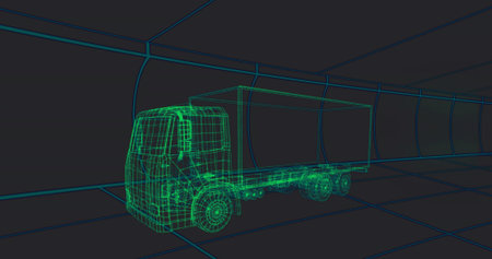 Occupying neon-green wireframe box truck model illustrating 3D scene within neon-blue grid tunnel....
