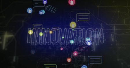 Featuring glowing INNOVATION word pulsing on neon network diagram, linking avatars and chat bubbles. Futuristic, digital, vibrant, connectivity, collaboration, technology, interfaceの写真素材