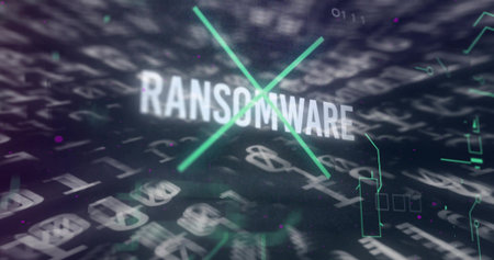 Displaying bold white RANSOMWARE text overlaid by green X in interface gridlines with floating code....