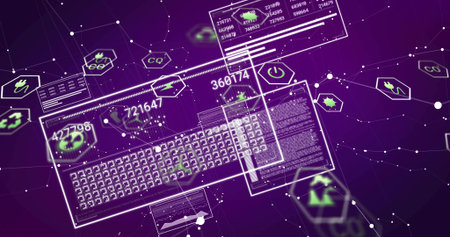 Displaying translucent keyboard panel floating over purple network with stats, code, hex icons. Digital, futuristic, technology, interface, data, analytics, abstractの写真素材