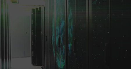 Lining tall black server cabinets along narrow data center corridor, with glowing LED patterns....