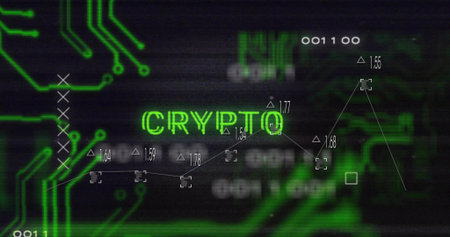 Showing green CRYPTO text on dark interface with neon circuits, graph markers, labels, binary text. Digital, technology, futuristic, data, cybersecurity, blockchain, innovationの写真素材