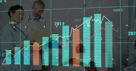 Two white-coated doctors examining paper chart at hospital bed, with digital data overlay....