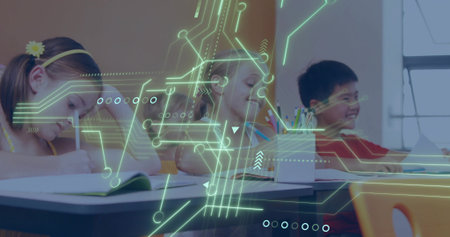 Writing group of children focusing on notebooks at classroom desk, with neon circuit-board overlay. Education, students, learning, teamwork, innovation, technology, classroomの写真素材