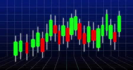 Displaying candlestick chart showing green and red bars on dark blue neon grid, with white wicks....
