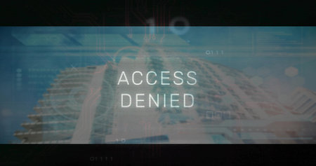 Displaying ACCESS DENIED floating over server UI, with circuit overlays, binary and hex UI elements. Cybersecurity, technology, digital, network, security, interface, futuristicの写真素材