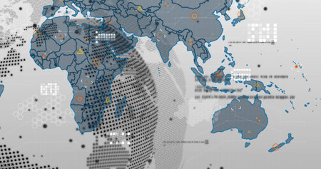 Displaying flat world map in data dashboard, with dotted globe grid, hex pattern clusters....