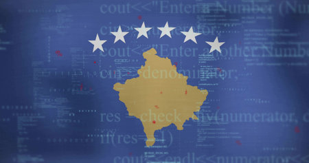 Displaying gold silhouette of Kosovo on deep blue backdrop, featuring six white stars and code text. Geometric, data, technology, digital, futuristic, visualization, cyberの写真素材
