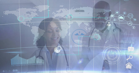 Medical professionals analyzing holographic world map display in research lab with stethoscopes....