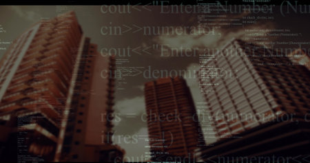 Floating semi-transparent C++ code overlay covering city skyline at dusk, with high-rise facades. Urban, skyscraper, digital, futuristic, tech, architecture, moodyの写真素材