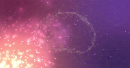 Displaying wireframe brain outline glowing against purple grid backdrop, featuring particles....
