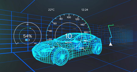 Floating wireframe car inside grid lab, showing speedometer, battery, temp, clock, navigation arrow....