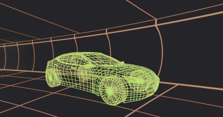 Displaying neon green 3D wireframe SUV rotating inside futuristic tunnel, with orange grid lines. Futuristic, technology, digital, sci-fi, virtual, modern, abstractの写真素材