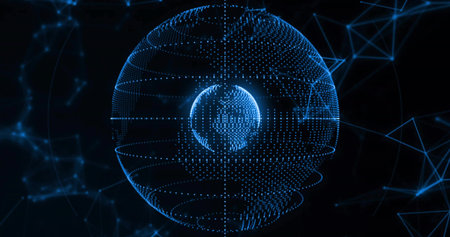 Floating wireframe globe depicting Earth in cyber-network, with inner globe and network nodes. Digital, futuristic, technology, connectivity, network, abstract, innovationの写真素材