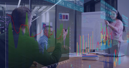 Presenting team lead in pink blouse holding flipchart in glass room with data charts, copy space....